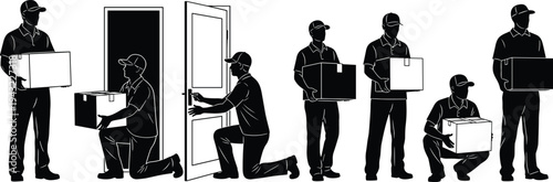 Courier delivery workers carrying packages and opening house door for parcel drop off, home delivery logistics service concept illustration