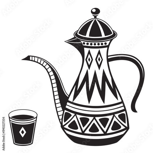 Vector illustration of arabic dallah coffee pot and cup silhouette traditional design