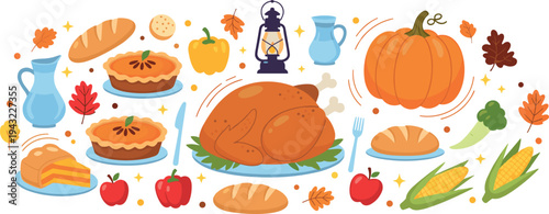 Thanksgiving feast collection with roasted turkey pumpkin pie bread corn apples autumn harvest dinner vector illustration set