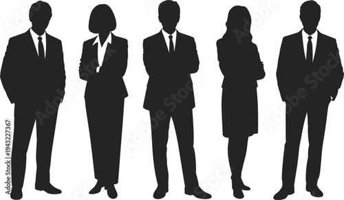 WebBusiness silhouettes standing together, corporate teamwork concept, professional men and women, modern office lifestyle, career success, leadership unity, business attire