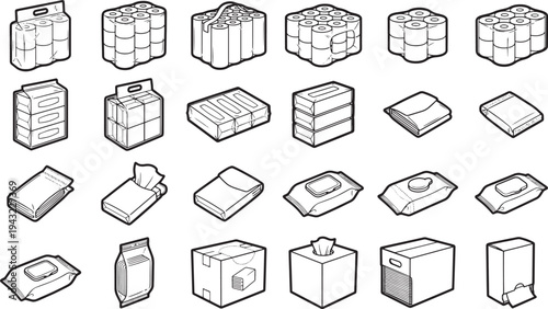 A collection of various packaged goods and packaging designs, including boxes, wipes, and cartons, presented in a clean, minimalist line art style.