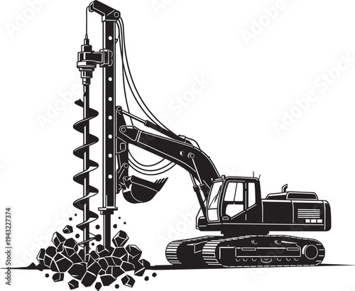 Rotary drilling rig vector illustration, crawler tracks, auger drill bit, hydraulic arms, construction machinery, geotechnical engineering, foundation boring, mining equipment