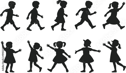 WebChildren silhouettes playing together, boys and girls group, joyful childhood moments, outdoor fun activity, friendship and happiness, carefree lifestyle, innocence, energy