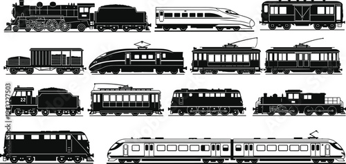  Train collection silhouette vector illustration, railway locomotive passenger cargo tram and high speed train icons set, transportation rail vehicles isolated
