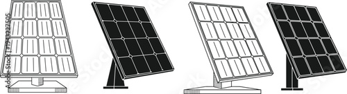 Solar panel icon set, renewable energy photovoltaic modules, sustainable electricity technology symbols, clean power equipment silhouettes vector illustration collection