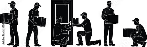 Courier delivery workers carrying packages and installing smart door lock at house entrance, home delivery service logistics concept illustration
