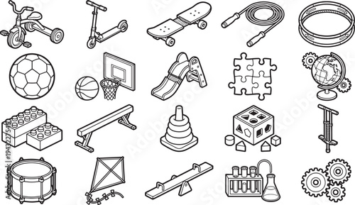 A collection of isometric line art illustrations depicts various toys and playground equipment, showcasing a variety of recreational items for children's entertainment and activity.