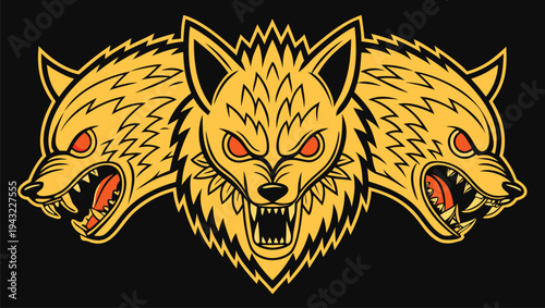 Vector illustration of three aggressive wolf heads mascot design with red eyes and fangs