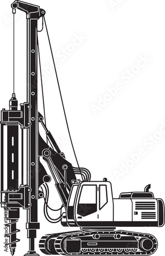 Rotary drilling rig vector illustration, tracked platform, auger drill assembly, hydraulic arms, operator cabin, construction machinery, geotechnical engineering, foundation boring, soil 