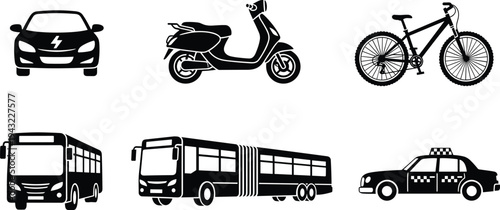 Urban transportation vehicle icon set vector illustration, electric car scooter bicycle bus taxi symbols, modern city mobility transport collection isolated