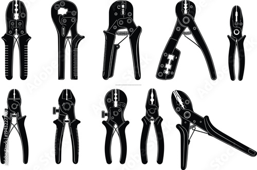 Wire stripping and crimping pliers tools set, electrical hand tools collection for cable cutting, stripping and crimping, electrician equipment silhouette vector illustration