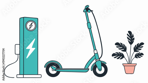 Vector illustration of electric scooter charging station with potted plant illustration