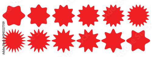 set of red sunburst sale sticker. red star shape sale badges. special offer badges. price tag, shopping level symbol vector illustration.