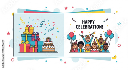 Happy celebration with gifts cake and diverse group of people colorful balloons and confetti