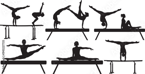 Set of black silhouettes of female gymnasts performing athletic routines on balance beams and uneven bars, artistic gymnastics poses and acrobatic stunts isolated on white