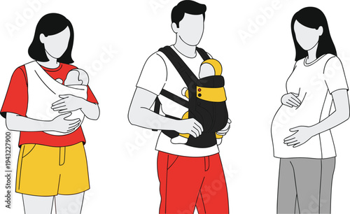 Parents with newborn baby and pregnant woman family parenting motherhood and fatherhood concept flat vector illustration set
