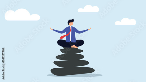 Man meditates on stacked stones in serene outdoor setting for mindfulness