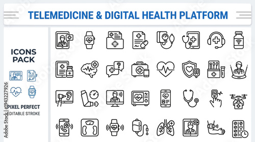 Telemedicine and Digital Health Icon Set: Online Doctor, Healthcare, Remote Patient Monitoring, Medical Record, Virtual Care and Health App Line Vector Illustrations