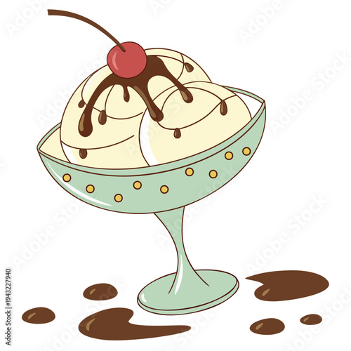 Vector illustration of delicious ice cream sundae with chocolate sauce and cherry on a bowl illustration