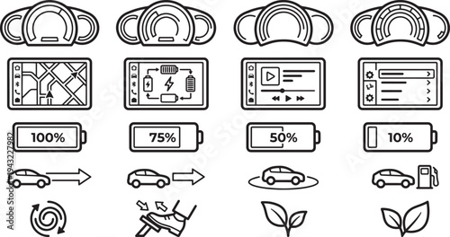 A creative display of car instrument panel illustrations, designed with a focus on simplicity and modern elements.