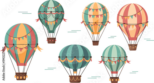 Vintage hot air balloon collection with decorative bunting flags pastel colors whimsical sky travel adventure vector illustration set