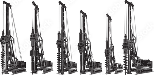 Set of Crawler Mounted Rotary Drilling Rigs, Foundation Piling Machines Variations, Auger Bit Attachments, Heavy Construction Equipment Vector Silhouettes, Black Line Art