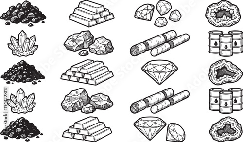 Diverse collection of raw materials, resources and natural elements. Perfect for illustrating themes of mining, industry, and value.