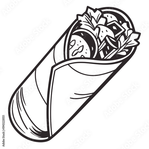 Vector illustration of classic burrito or wrap line art illustration for mexican food menus and designs