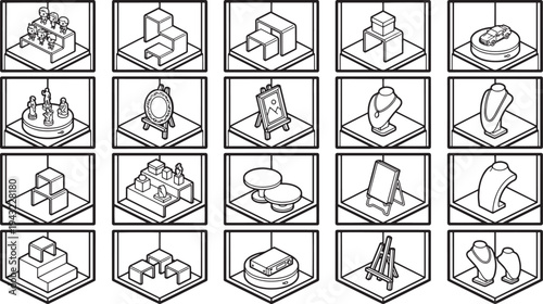 A set of display stands icons, perfect for highlighting products and adding a touch of sophistication to any design.