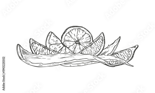 Sliced lime wedges and aloe vera leaves monochrome vector illustration black and white linear style. Fresh cut succulent leaf, citrus fruit ingredients for cosmetic product, detox drink packaging