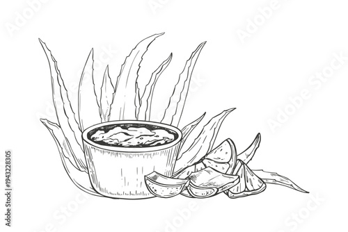 Aloe vera leaves, sliced lemon wedges, and bowl with mixture of ingredients monochrome vector illustration in black and white. Fresh cut succulent leaf, citrus fruit for natural cosmetic treatment