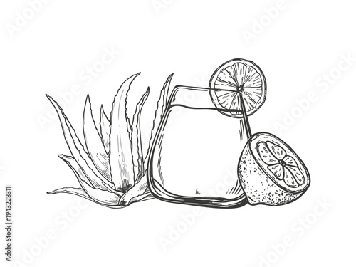 Aloe vera leaf, lemon slices, glass with non alcoholic mocktail vector isolated illustration painted by black inks. Drink in tumbler, fresh succulent plant, citrus fruit for wellness, detox product