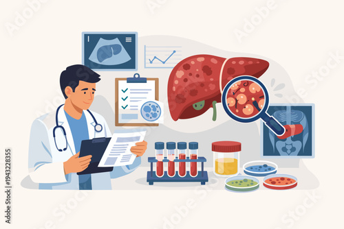 Male doctor reviewing medical test results for liver disease diagnosis. Vector illustration of pathology lab exam with diseased liver, ultrasound, blood tests, and petri dishes for hepatology care.
