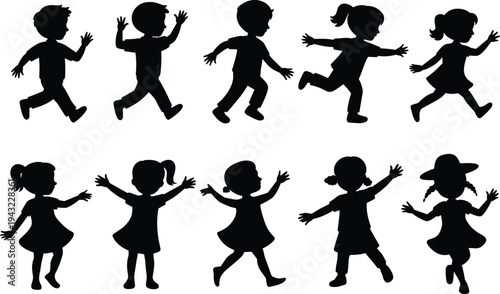 WebChildren silhouettes playing, joyful kids dancing, childhood fun concept, outdoor activity, friendship and happiness, creative movement, playful poses, carefree lifestyle, innocence