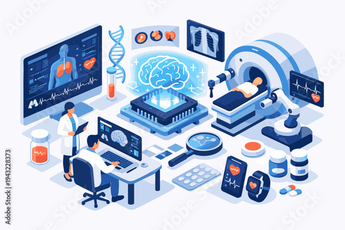 Medical Diagnostics Using AI Technology Concept. Modern Innovative Health Care Analysis Isometric Design with Doctors, MRI Scanner, Brain Hologram, DNA, and Digital Health Monitoring Tools.