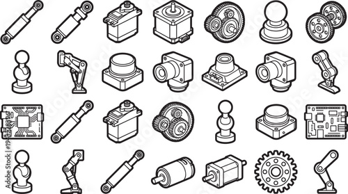 A collection of various mechanical component for machine, showcasing a comprehensive array of functional elements. 