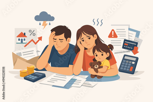 Stressed Young Family Feeling Frustrated by Mortgage and Financial Bills; Parents and Child Worried About Debt, Inflation, and Cost of Living; Flat Vector Illustration of Economic Hardship.