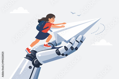 Vector illustration of a giant robotic hand lifting a paper airplane while a young female student with a backpack helps it take off, symbolizing AI in education, future learning, and technology.