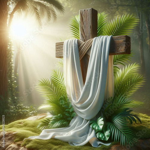 Rustic wooden cross draped with white linen cloth and fresh green palm leaves, symbolizing the Resurrection and Christian Easter concept, in soft natural light