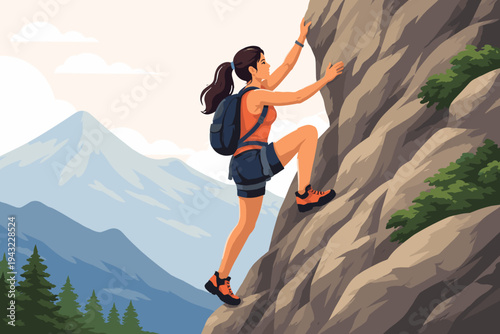 Determined woman rock climbing up a steep mountain cliff face with a scenic background of snowy peaks and pine forests, flat vector illustration representing outdoor adventure and personal challenge.