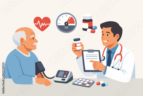 Senior man at a medical checkup with a cardiologist doctor prescribing medicine for high blood pressure. Illustration featuring a blood pressure monitor, heart rate icon, and pills for heart health