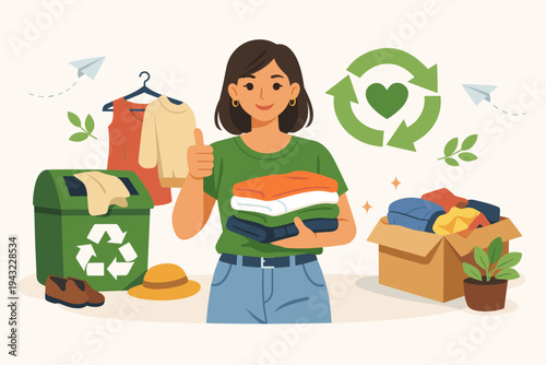 Smiling woman promoting sustainable fashion by recycling and donating old clothes to a textile bin and charity box, supporting eco-friendly lifestyle and circular economy flat vector illustration.
