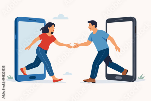 Conceptual vector illustration of a man and a woman stepping out of their smartphone screens to meet in person and shake hands, representing online dating and digital connection in real life.