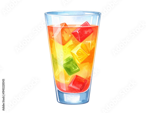 Watercolor illustration of a tall glass filled with orange juice and colorful jelly cubes