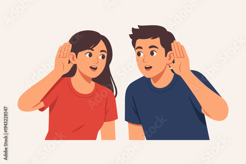 Flat Vector Illustration of a Young Woman and Man Cupping Hands to Their Ears to Listen Carefully, Eavesdropping on a Secret, Hearing Gossip, Curious People Paying Attention to Sound or News
