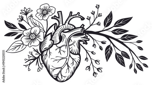 Vector illustration of human anatomical heart with blooming flowers and leaves line art
