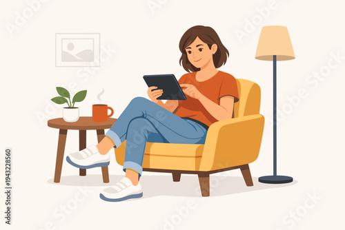 Young Woman Sitting in a Yellow Armchair Using a Tablet Computer in a Cozy Living Room, Flat Vector Illustration of a Girl Relaxing at Home with Coffee, Houseplant, and Floor Lamp, Casual Lifestyle