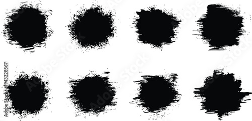 A collection of eight abstract black inkblots on a white background