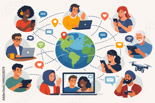 Global Communication Network Illustration of Diverse People Connecting Worldwide via Modern Technology Laptops Smartphones and Tablets for Social Media Business and Remote Work Collaboration