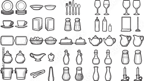 A culinary illustration, featuring a collection of diverse dining elements, meticulously crafted with intricate detailing. Perfect for any food-related projects or culinary applications.